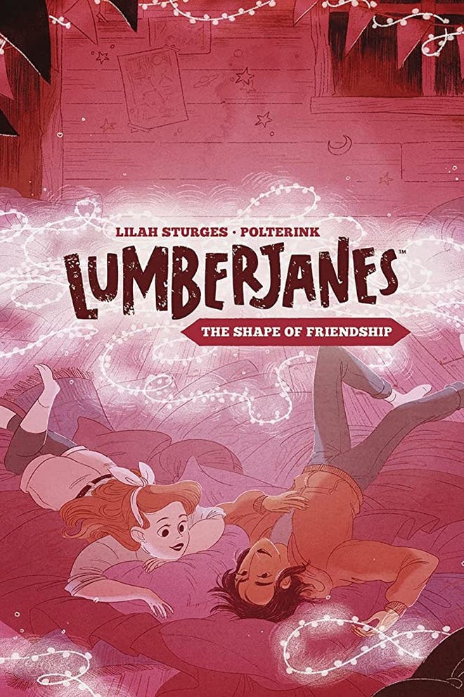 Cover of Lumberjanes featuring two people laying on the floor surrounded by twinkly lights