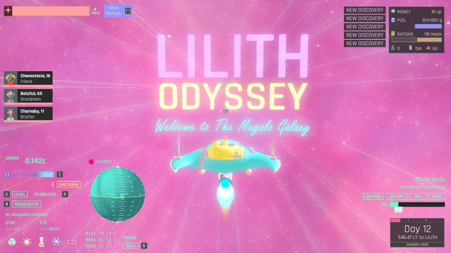 A little green spaceship accelerates into a pink space void. In front of it a title reads 'LILITH ODYSSEY; Welcome To The Mugalo Galaxy'