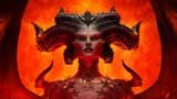 Artwork of Lilith, the antagonist in Diablo 4, with her huge wings framing her horned head, and the fires of what I presume are Hell burning behind. She's not even sweating!