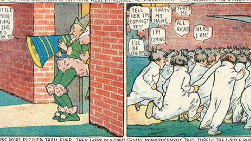 Two panels featuring a bunch of identically dressed Little Nemos