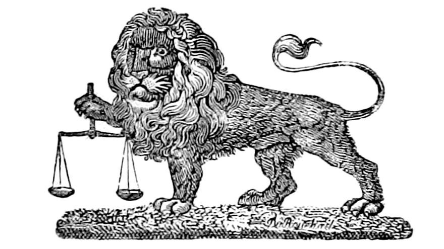A lion holding scales in an illustration from 'La Pala d'oro dell' I. R. Patriarcale Basilica di S. Marco, considerata sotto i risguardi storici, archeologici ed artistici ... Con un discorso di S. Em. Jacopo Monico, etc'