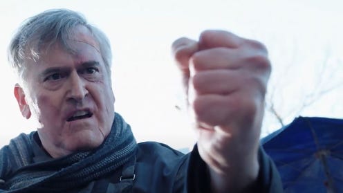 Bruce Campbell shaking his fist in a quest for vengeance against Doctor Strange