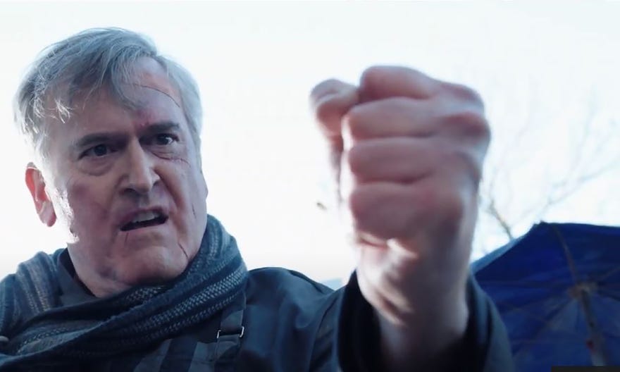 Bruce Campbell shaking his fist in a quest for vengeance against Doctor Strange