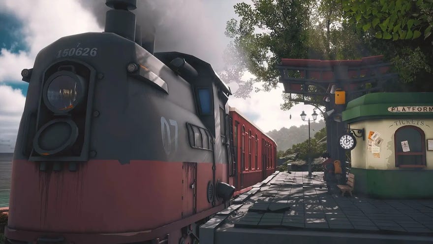 A screenshot of Little Devil Inside showing the hero, Billy, on a train platform to the right with a a train waiting on the left.