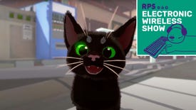 A close up of the black kitty in Little Kitty Big City, with the EWS podcast logo over the top right corner