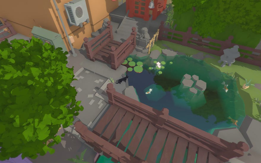 A screenshot of Little Kitty Big City showing a black cat peering into a fish pond.