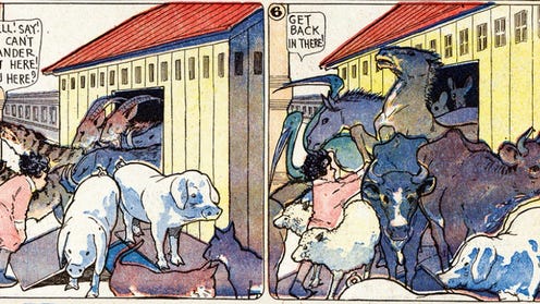 Two comics panels in color featuring a group of animals in twos coming out of a house