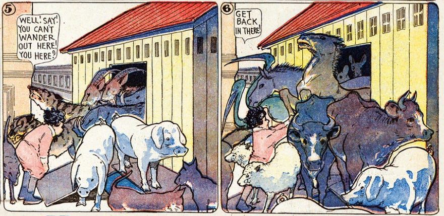 Two comics panels in color featuring a group of animals in twos coming out of a house