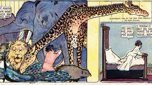 Comics panel featuring a giraffe and other animals and then Nemo in his bed