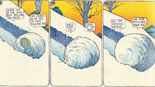 three panels featuring a growing snowball rolling down the hill