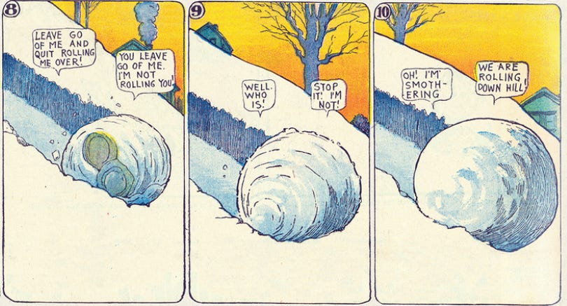 three panels featuring a growing snowball rolling down the hill