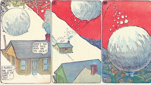 Three comics panel featuring a giant snowball sliding down a snowy hill