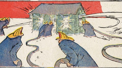 comics panel featuring firemen around a house with water hoses