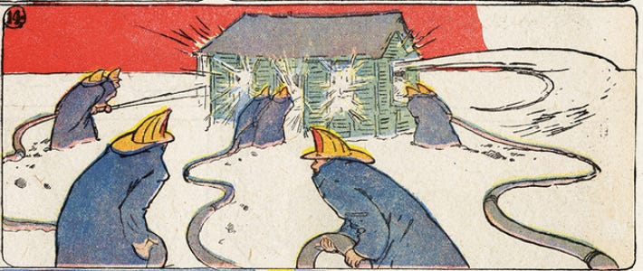 comics panel featuring firemen around a house with water hoses