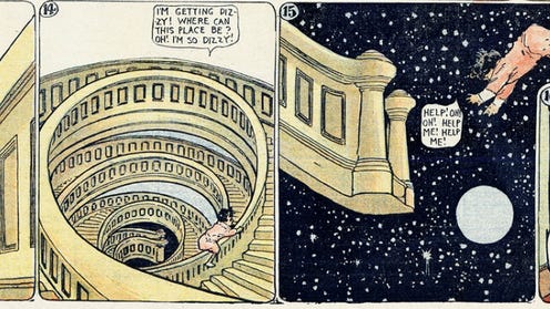 Panels featuring Little Nemo climbing, being launched into space and then waking up on the floor next to his bed.