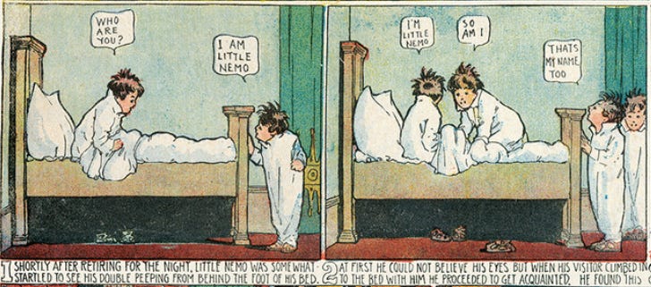 Two aged illustrated comics panel featuring a little boy on a bed looking at another itentical little boy looking at him, on the second panel, two boys are on the bed, with two boys standing and looking at them