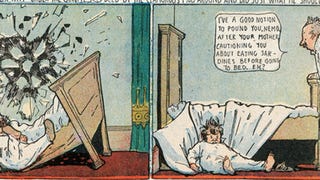 Two comic book newspaper panels featuring Little Nemo falling through a wall and onto a broken bed, and one where he has woken up on the floor next to his bed in reality