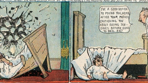Two comic book newspaper panels featuring Little Nemo falling through a wall and onto a broken bed, and one where he has woken up on the floor next to his bed in reality