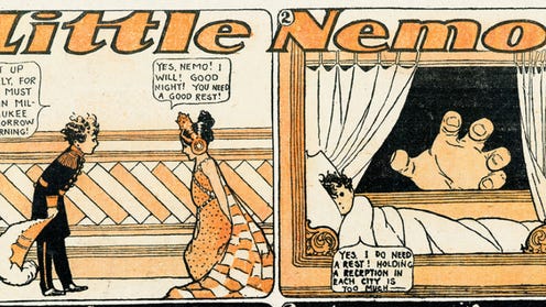 Two orange, white and black comic panels with Little Nemo title at top. Two children in formal wear bow to each other. Then Little Nemo in bed, with a giant hand about to reach through the window