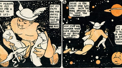 Two comic panels with a large baby with a winged helmet carrying two children in space
