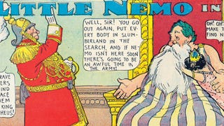 Illustrated comics panel of a bearded man in a throne talking to a soldier in a plumed hat
