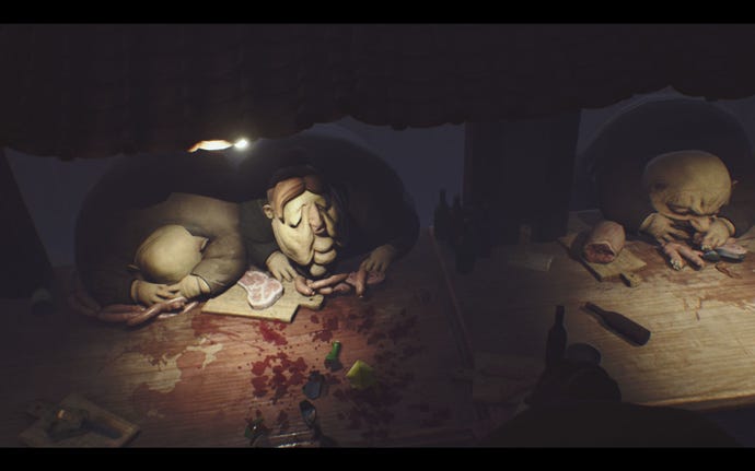 Large, obese passengers devour steak and sausages in Little Nightmares