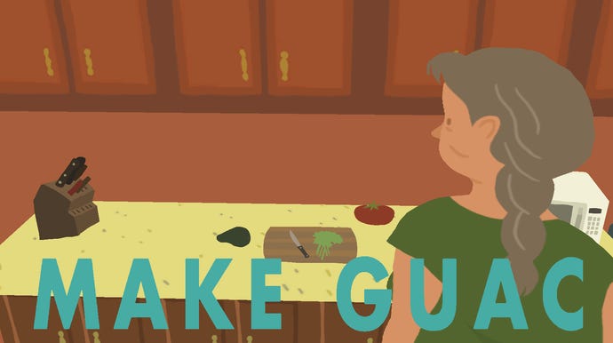 A woman looks a table with cooking ingredients on it, with the words MAKE GUAC onscreen in Little Party.