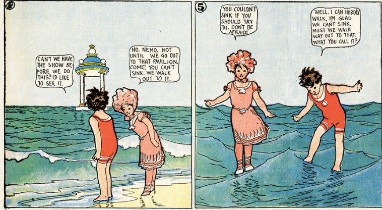 Two panels from Little Nemo featuring a boy and a girl on a beach
