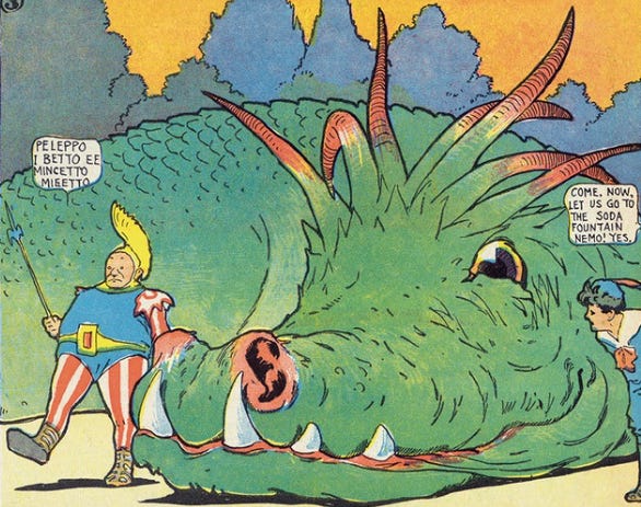 Little Nemo looking at a giant green smiling dragon