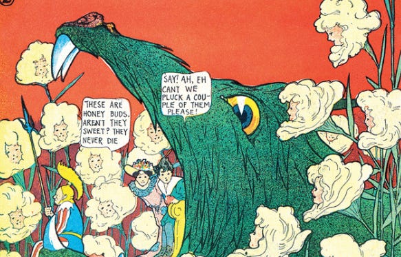 Cropped panel from Little Nemo featuring a dragon and large flowers with faces