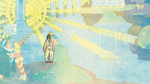 Cropped panel featuring Little Nemo, turning his head down in reaction to a huge sunburst