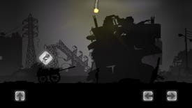Liyla And The Shadows Of War - A silhouetted character stands in front of a destroyed building, beside a cart with a symbol above it indicating taking shelter.