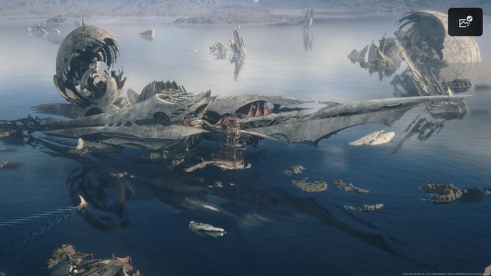 Um dirigível mágico acalado e inativo de Final Fantasy 16, saindo de um lago