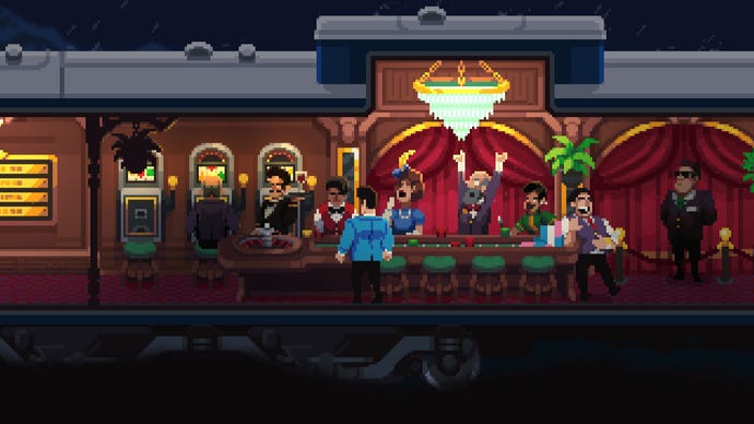 A man in a blue suit walks through a casino carriage in Loco Motive.