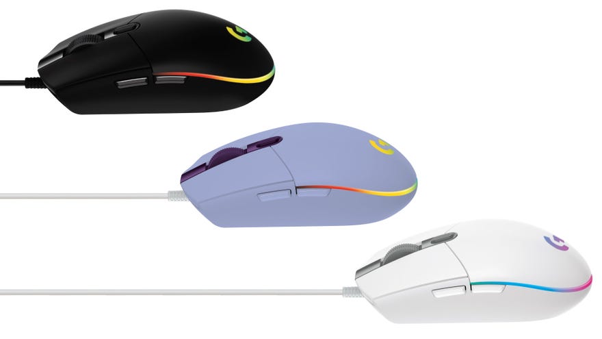 The Logitech G203 Lightsync gaming mouse viewed from the side in three different colours: black, purple and white