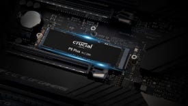 a photo of a crucial p5 plus nvme ssd on a computer motherboard, highlighted in blue light