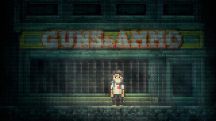 The protagonist of Lone Survivor stands outside a decrepit store with a sign reading GUNS & AMMO