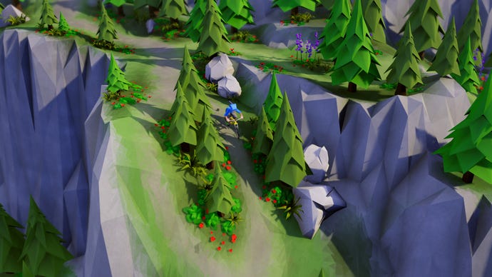 Zooming past trees and flowers in a Lonely Mountains: Downhill screenshot.