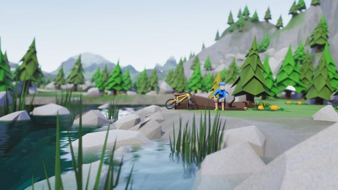 A mountain biker sits on a log by a river, enjoying the view in a Lonely Mountains: Downhill screenshot.