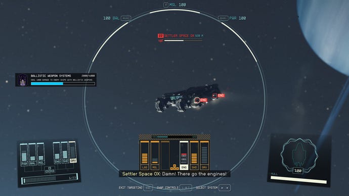 A targeting mode screen in Starfield, with the player preparing to fire on a ship's vital systems.