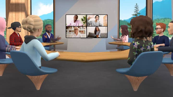 Meta Horizon avatars sit around a conference room table talking. They have no legs.