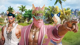 An extremely buff dude with a pink beard, wearing orange cat ears in Lost Ark's Under The Arkesian Sun update. He is flanked by another buff man and a blonde woman, also wearing ears