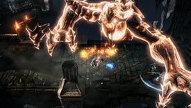 A screenshot of MMO action RPG Lost Ark, showing a glowing player on a stone bridge being attacked by an enormous, glowing demon.