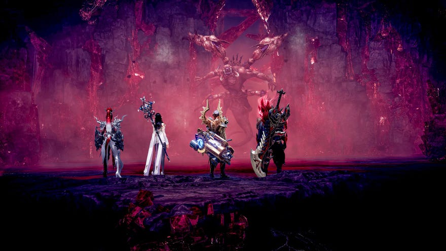 Escuadrón de jugadores de Arca perdida mirando a un demonio aterrador en una cueva iluminada con una luz roja nebulosa. El demonio se ve muy enojado