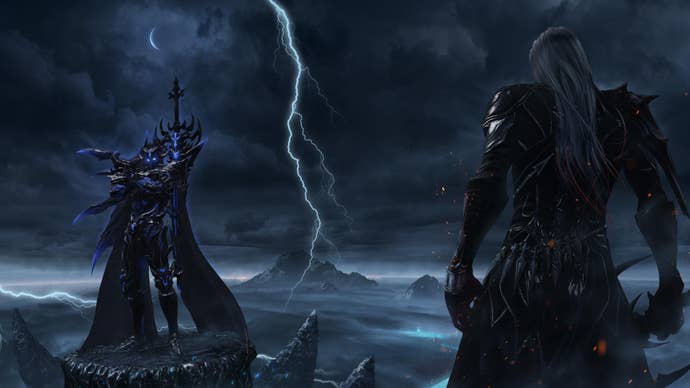Two figures standing off in front of a vicious storm.