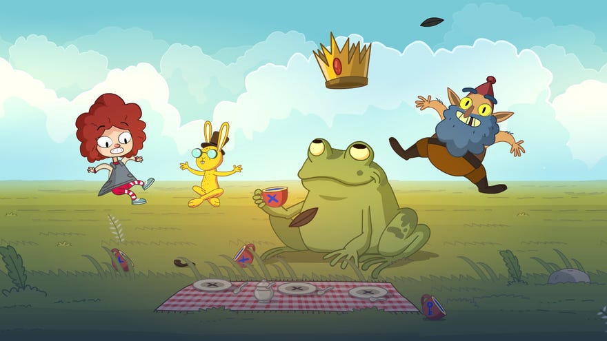 A young girl, a bunny, a large frog and a gnome float into the air in a field in Lost In Play