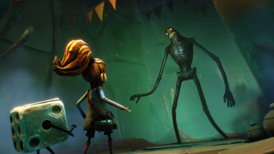 A screenshot of Lost In Random, showing protagonist Even and her pal Dicey looking at a strange, teeth-bearing giant with a zipper up his tummy.