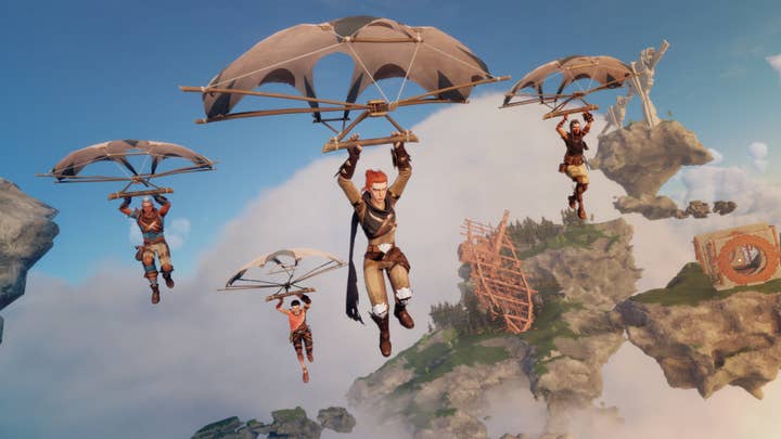 A screenshot from Lost Skies by Bossa Studios, showing four characters hang gliding over floating islands in the sky