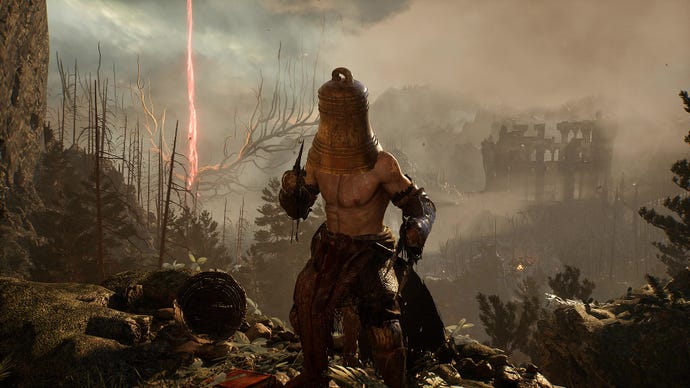 A screenshot from Lords Of The Fallen that shows the player wearing a bell on their head.