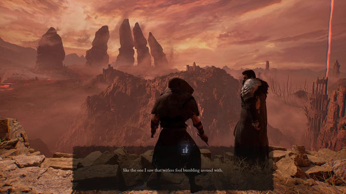 A screenshot from Lords Of The Fallen that shows the player chatting to a forlorn knight on a cliff edge.